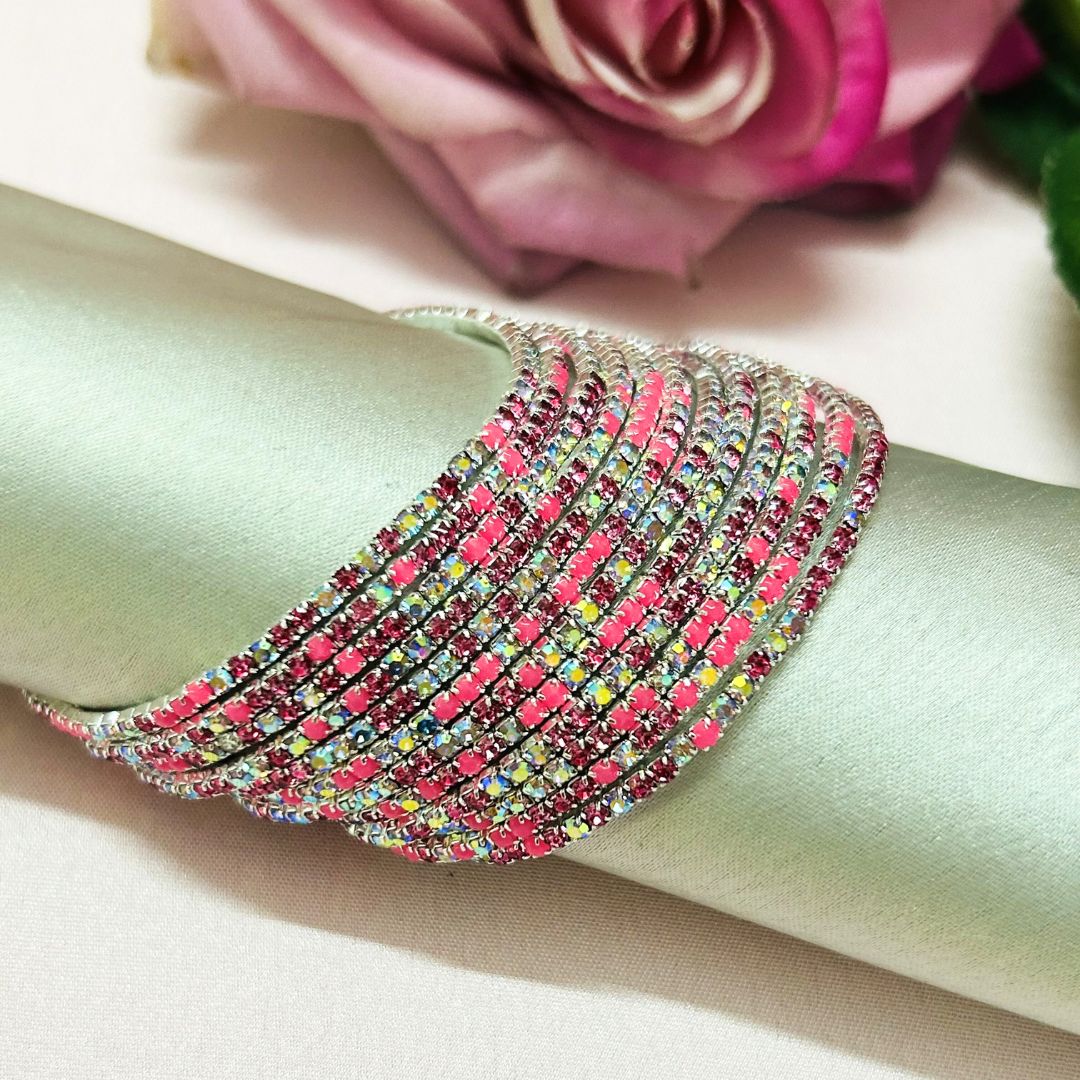 Stretchable Twinkle Pink Silver Plated Bracelet - Pack of 12