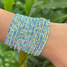 Stretchable Lime Green And Blue Silver Plated Bracelet - Pack of 24