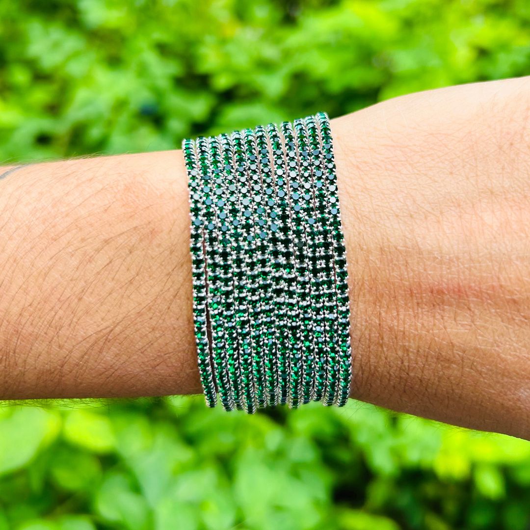 Stretchable Green Silver - Plated Bracelet pack Of 12