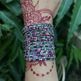 Reception Special Stretchable Pink And Green Rhodium Plated Bracelet - Pack of 24