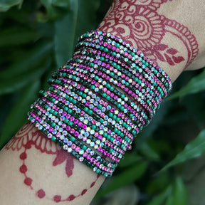 Reception Special Stretchable Pink And Green Rhodium Plated Bracelet - Pack of 24