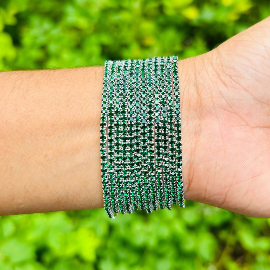 Stretchable Green Silver - Plated Bracelet pack Of 12