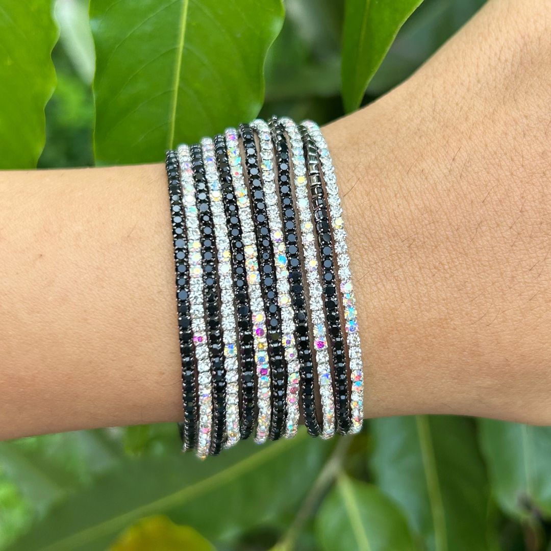 Concert Special -Stretchable Black and Rainbow Silver Plated Bracelet - Pack of 24