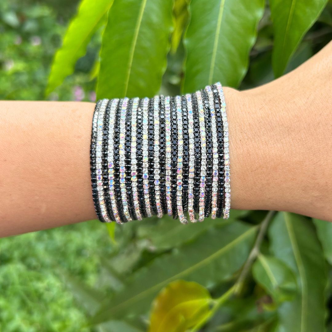 Concert Special -Stretchable Black and Rainbow Silver Plated Bracelet - Pack of 24