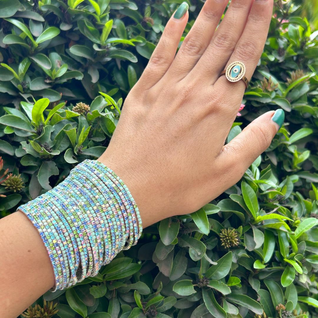 Stretchable Lime Green And Blue Silver Plated Bracelet - Pack of 24