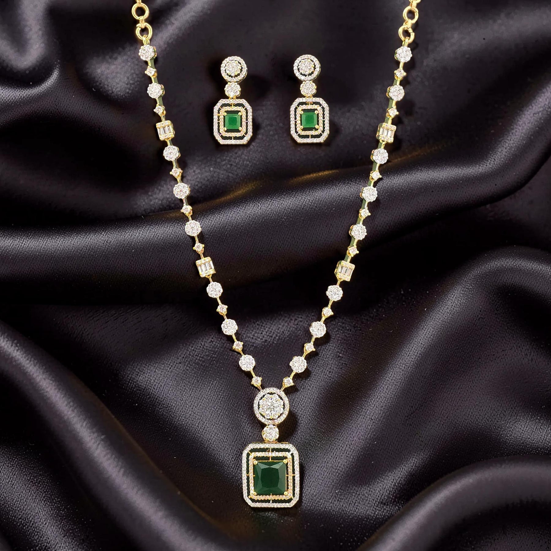 Hazel Emerald Green 18K Gold Plated American Diamond Necklace Set