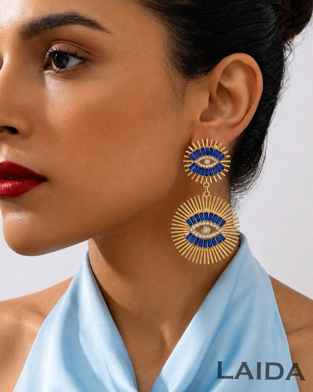 Vintage Blue Rhinestone Evil Eye Drop Earring