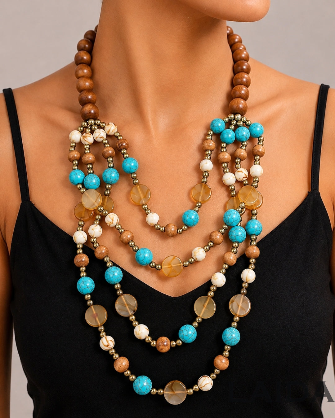 Multi- Layered Resin Beaded Wooden Necklace