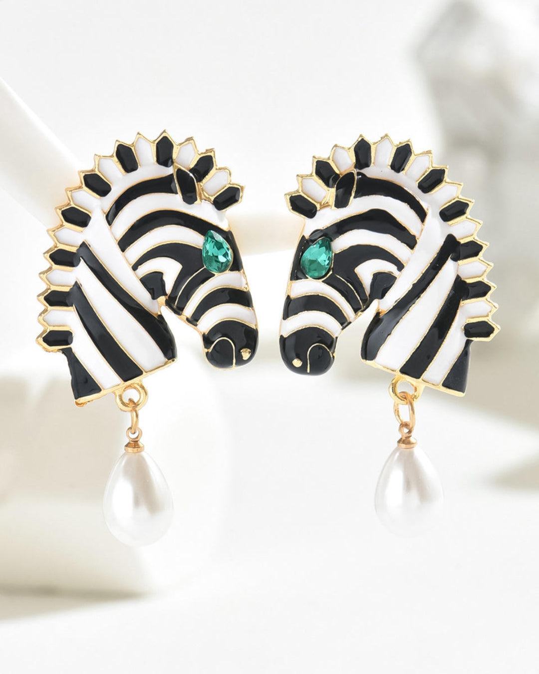 Zebra Enamel Pearl Drop Earrings