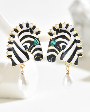 Zebra Enamel Pearl Drop Earrings