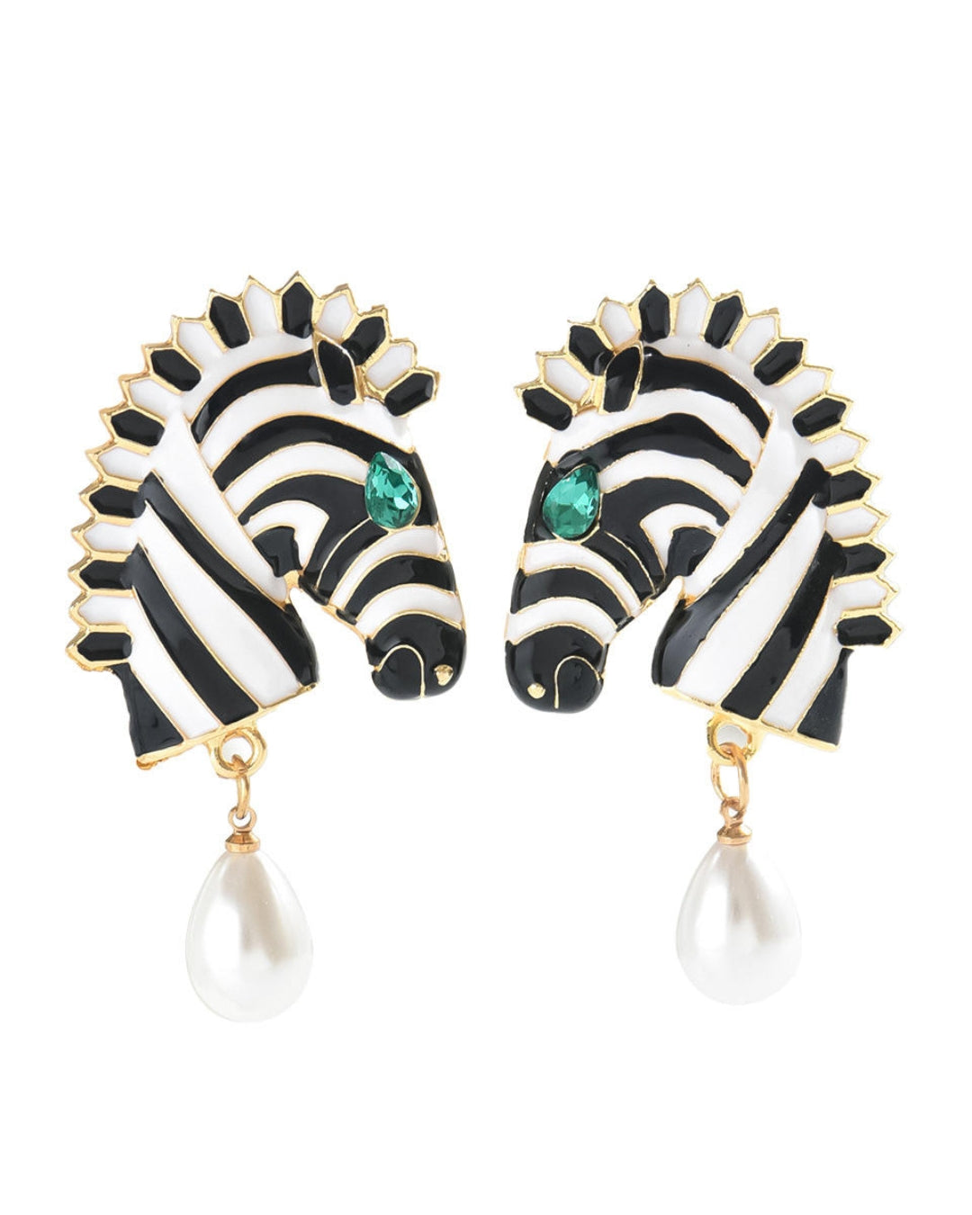 Zebra Enamel Pearl Drop Earrings