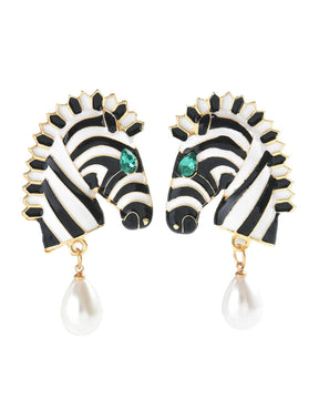 Zebra Enamel Pearl Drop Earrings