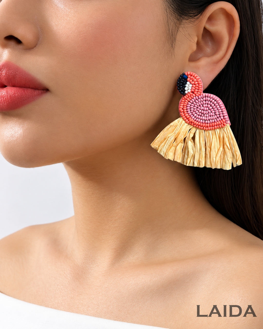 Peach Handmade Beaded Swan Drop Earrings