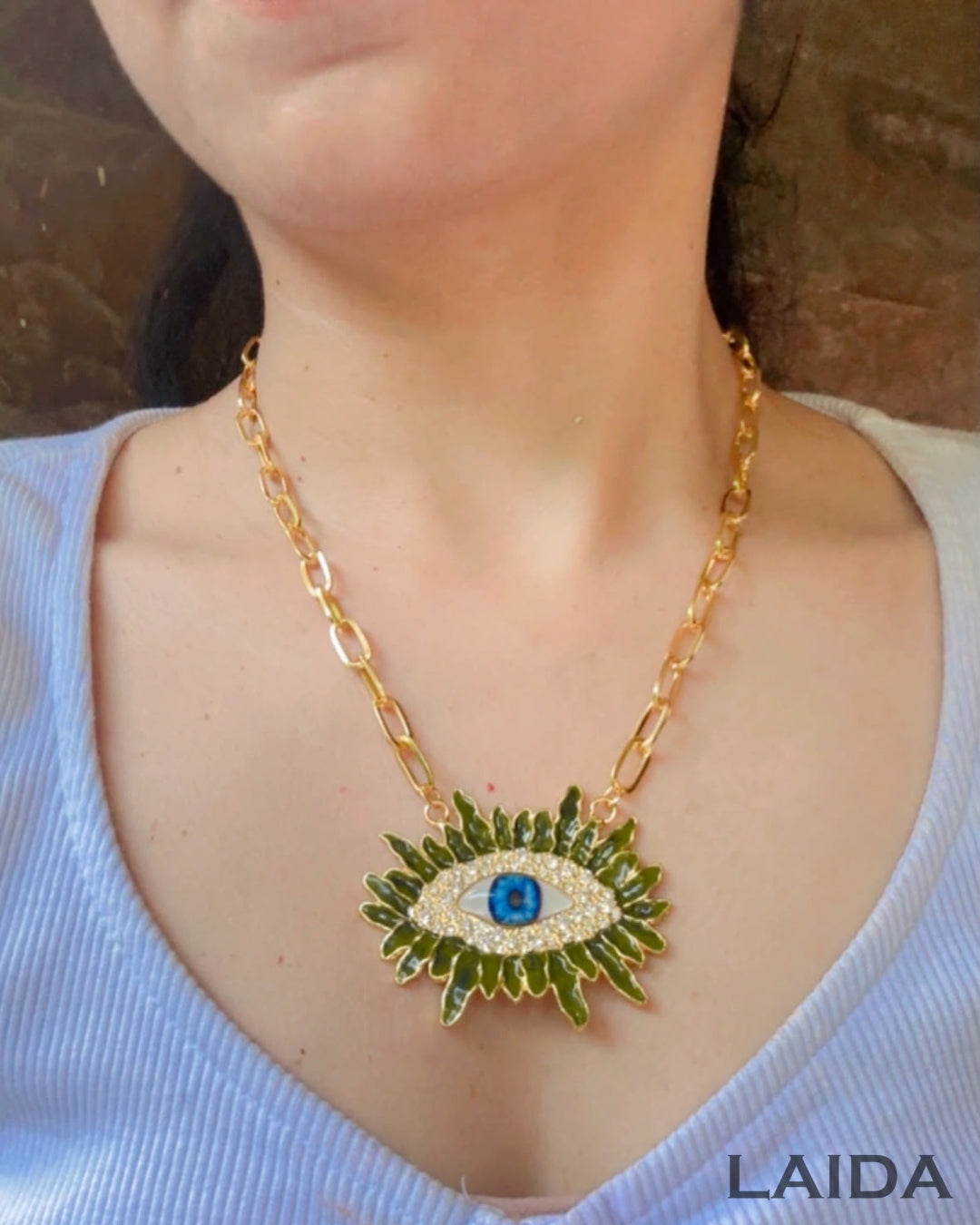 Vintage Olive Green Resin Blue Evil Eye Pendant Necklace
