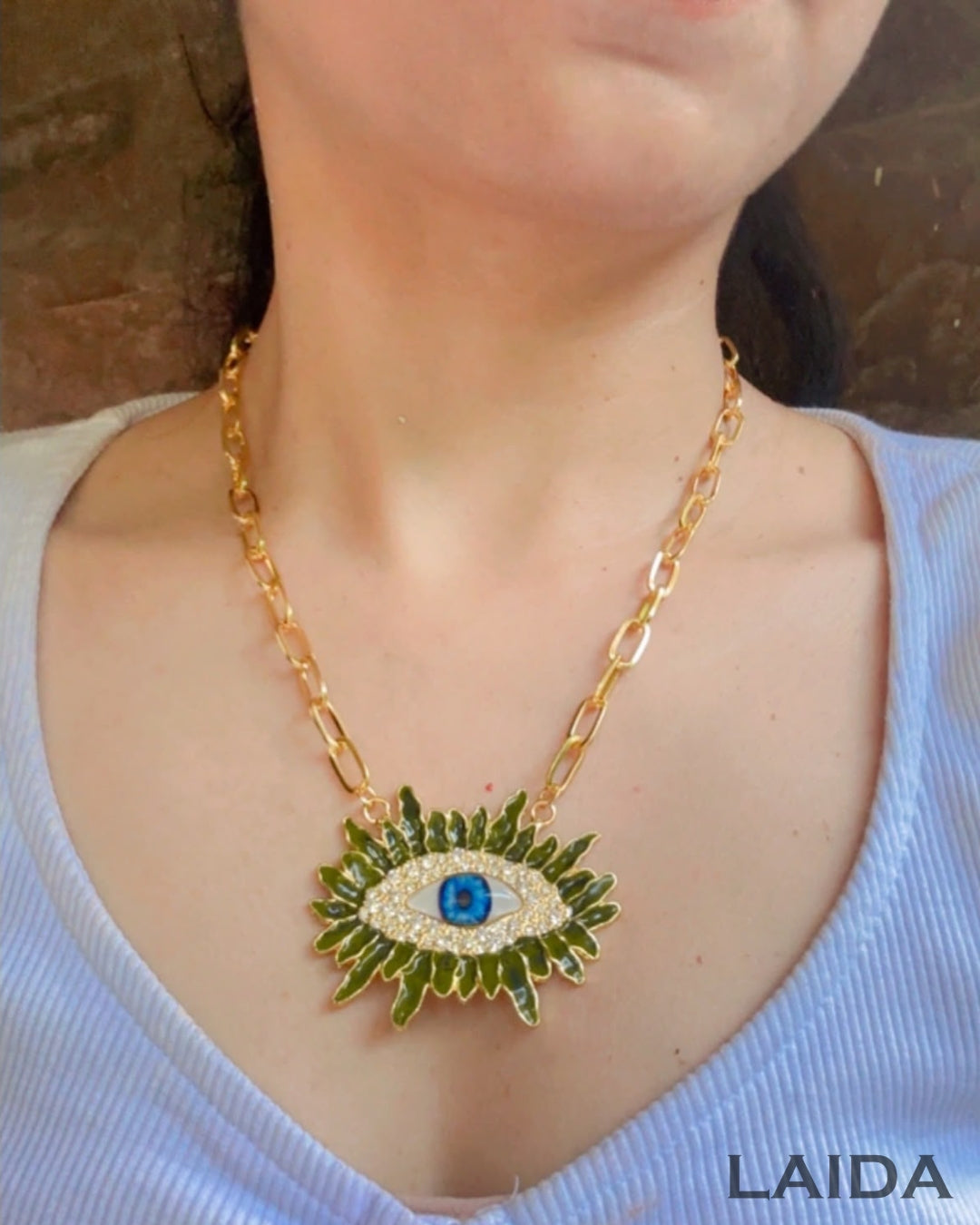 Vintage Olive Green Resin Blue Evil Eye Pendant Necklace