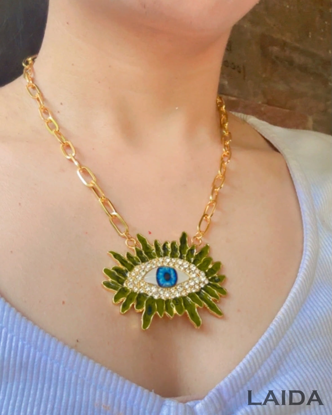 Vintage Olive Green Resin Blue Evil Eye Pendant Necklace