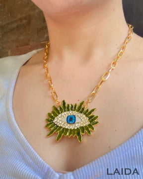 Vintage Olive Green Resin Blue Evil Eye Pendant Necklace
