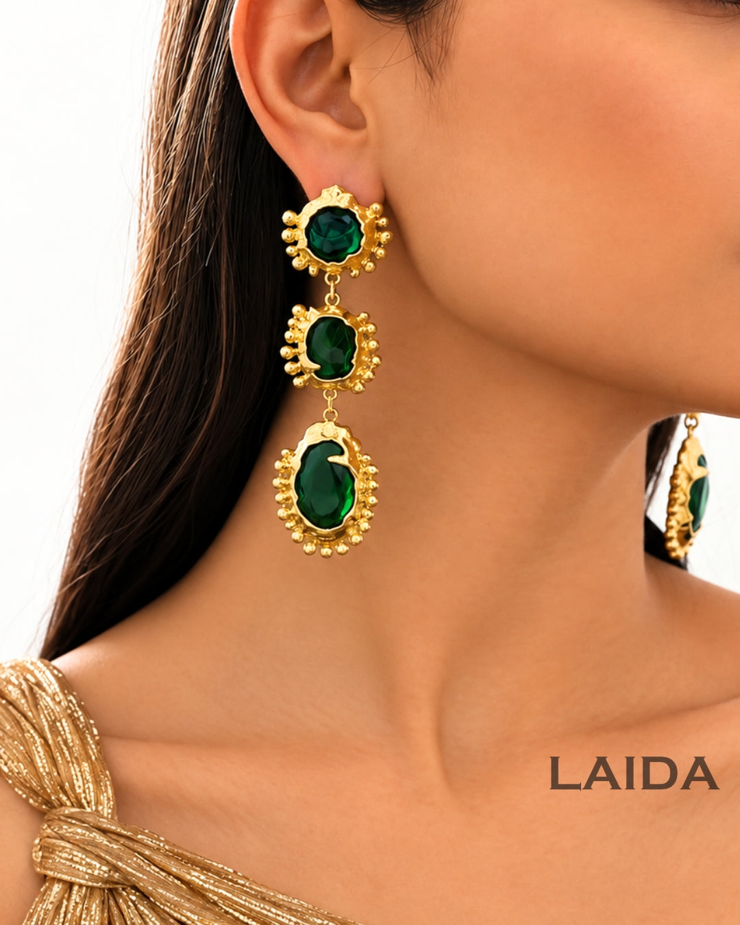 Retro Emerald Green Layered Crystal Drop Earrings