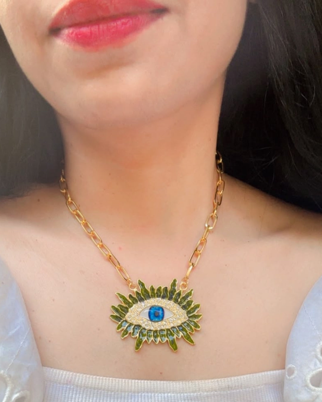 Vintage Olive Green Resin Blue Evil Eye Pendant Necklace
