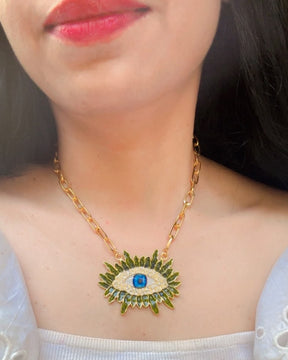 Vintage Olive Green Resin Blue Evil Eye Pendant Necklace
