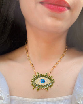 Vintage Olive Green Resin Blue Evil Eye Pendant Necklace