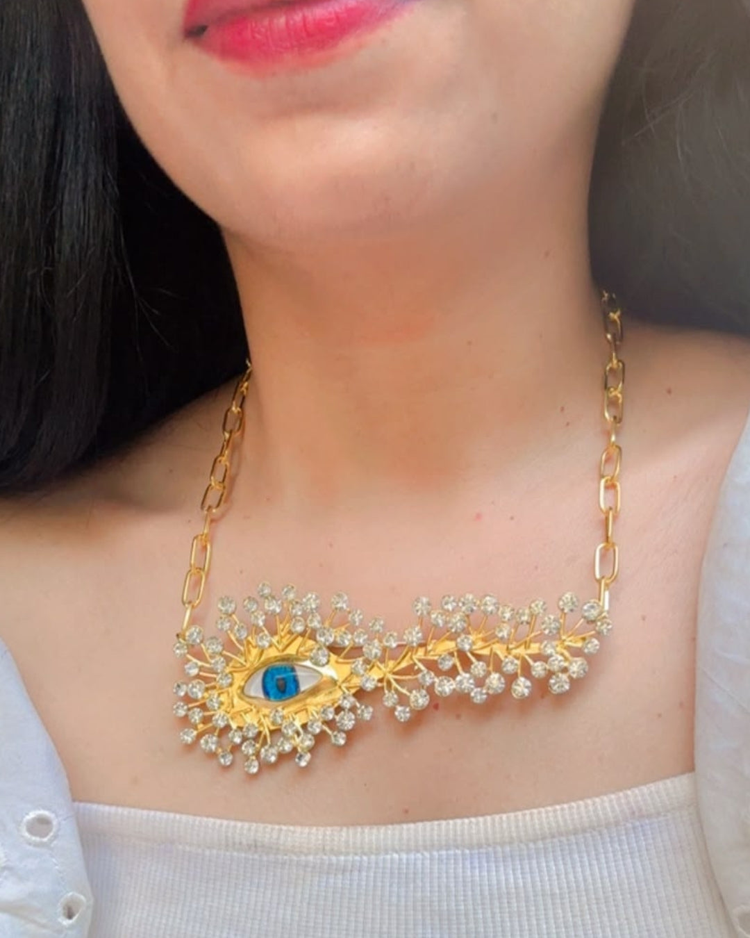 Resin Blue Evil Eye Crystal Rhinestone Necklace