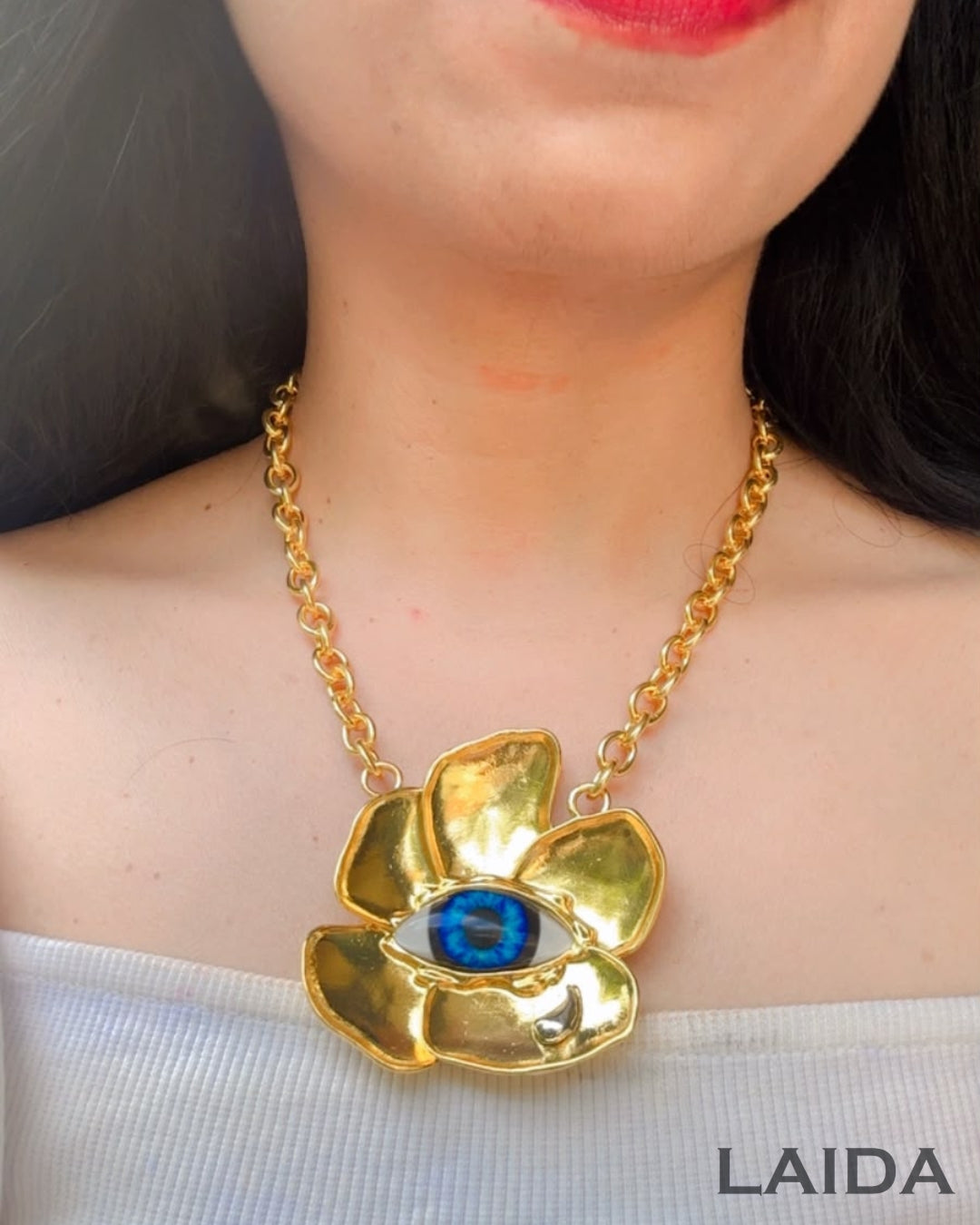 Vintage Resin Blue Evil Eye Flower Necklace