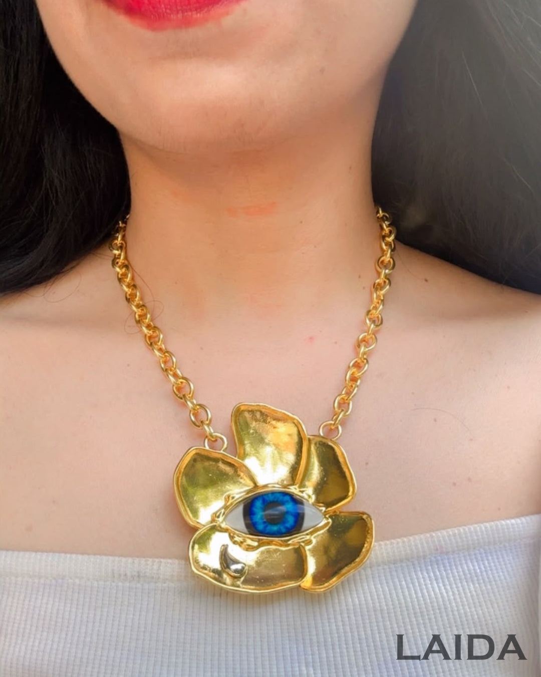 Vintage Resin Blue Evil Eye Flower Necklace