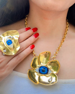 Vintage Resin Blue Evil Eye Flower Necklace