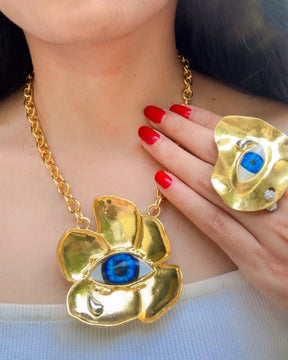 Vintage Resin Blue Evil Eye Flower Necklace