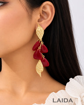 Red Golden Leaf Drop Earrings