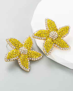 Yellow Rhinestone Studded Flower Stud Earrings