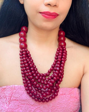 Multi- Layered Maroon Round Bead Wooden Necklace
