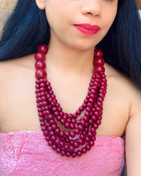 Multi- Layered Maroon Round Bead Wooden Necklace