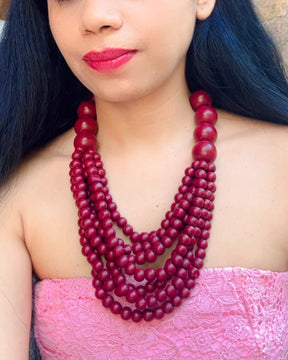 Multi- Layered Maroon Round Bead Wooden Necklace
