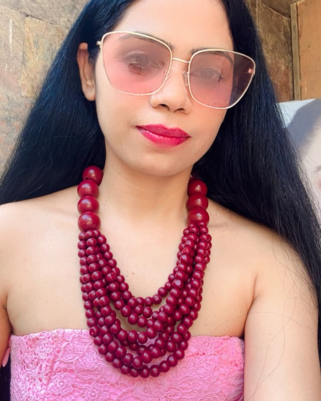 Multi- Layered Maroon Round Bead Wooden Necklace