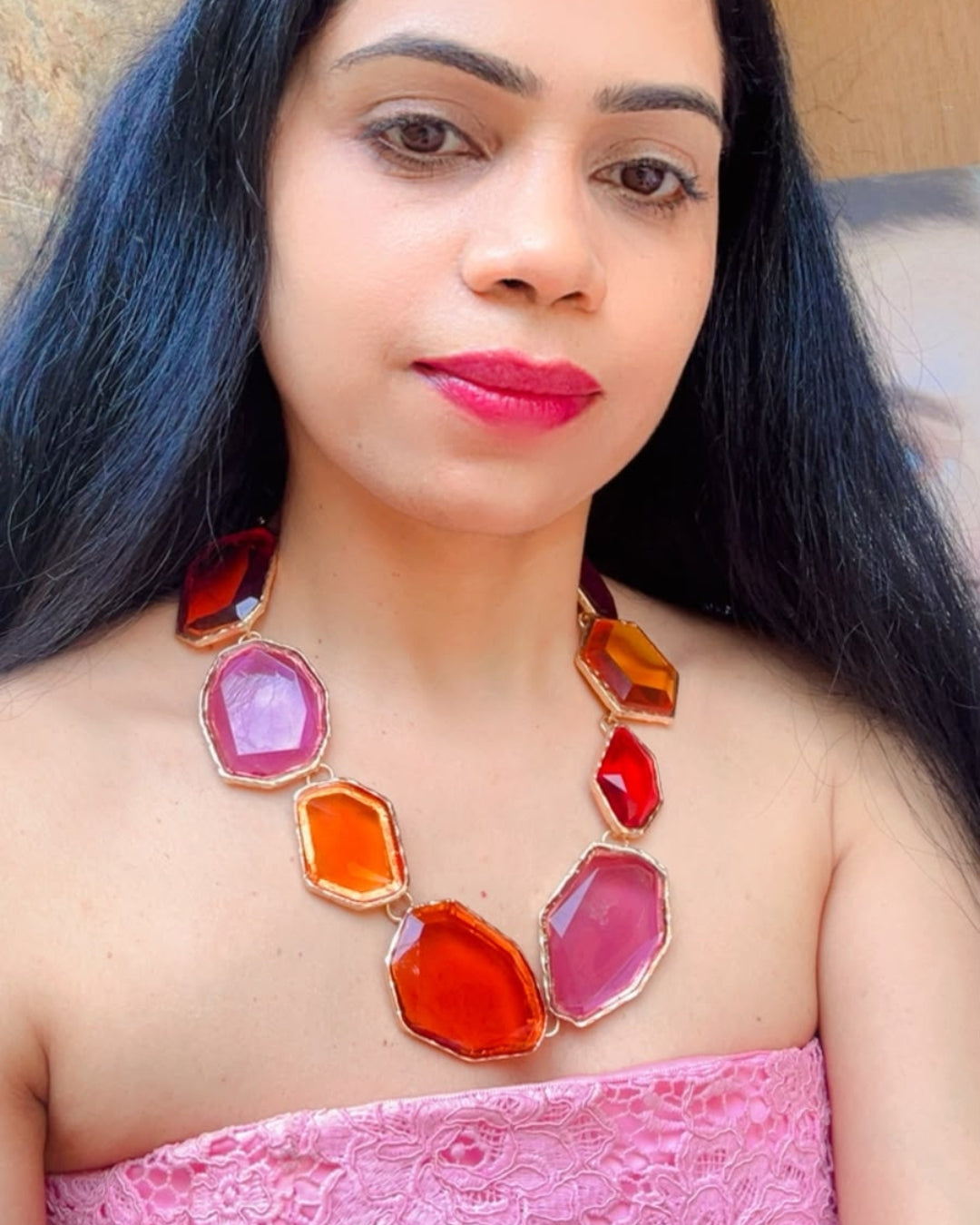 Maya Multicolor Statement Resin Necklace With Earrings