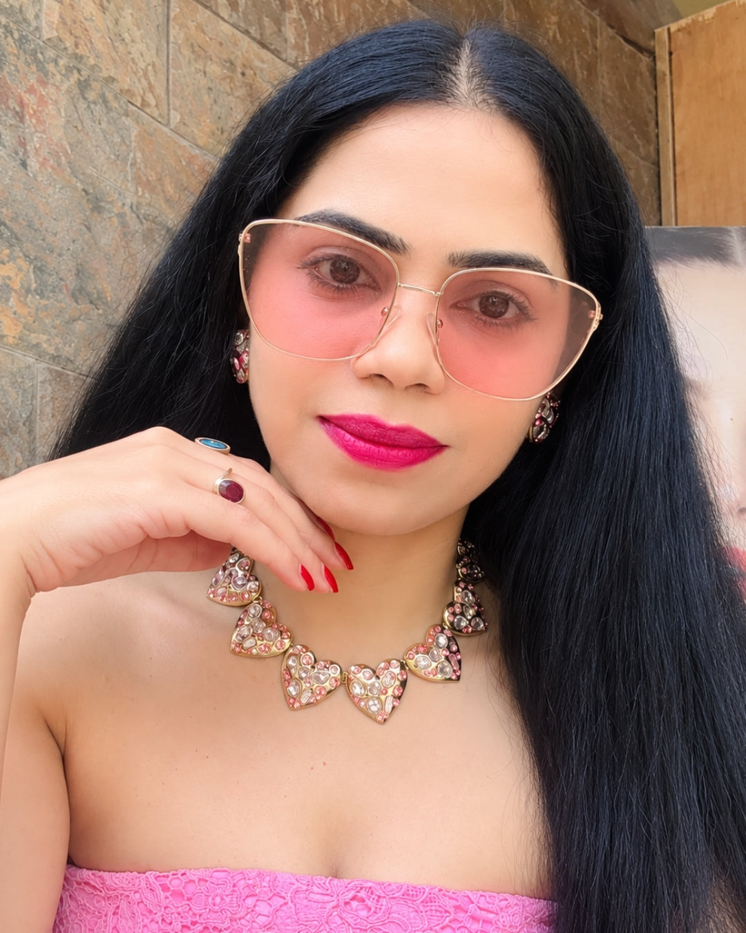 Baby Pink Crystal Heart Necklace With Earrings