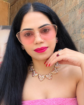 Baby Pink Crystal Heart Necklace With Earrings