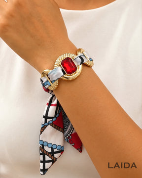 Retro Red Rhinestone Studded Scarf Bracelet