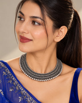 LAIDA Silver-Plated Oxidized Handcrafted Pattern Work Necklace