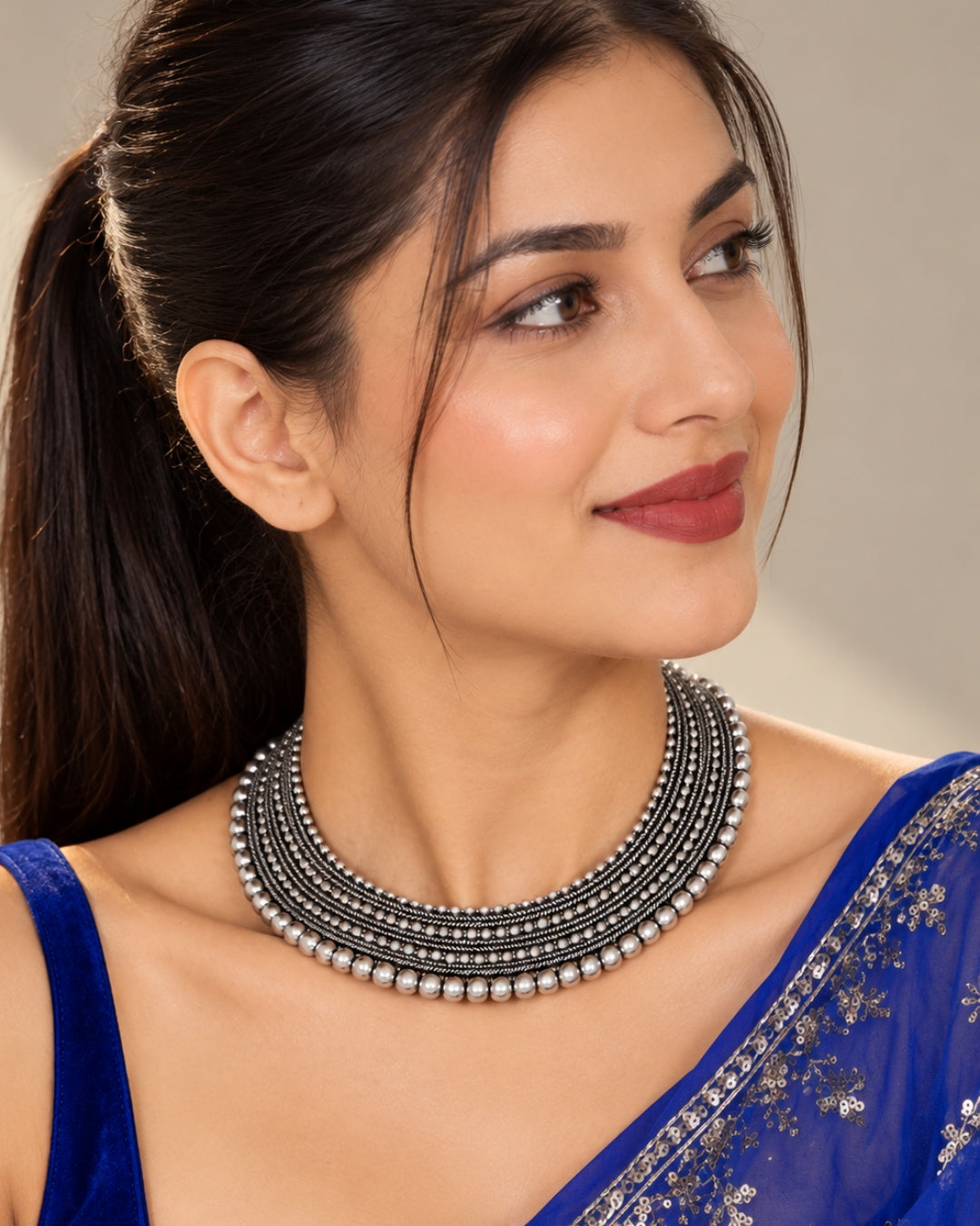 LAIDA Silver-Plated Oxidized Handcrafted Pattern Work Necklace