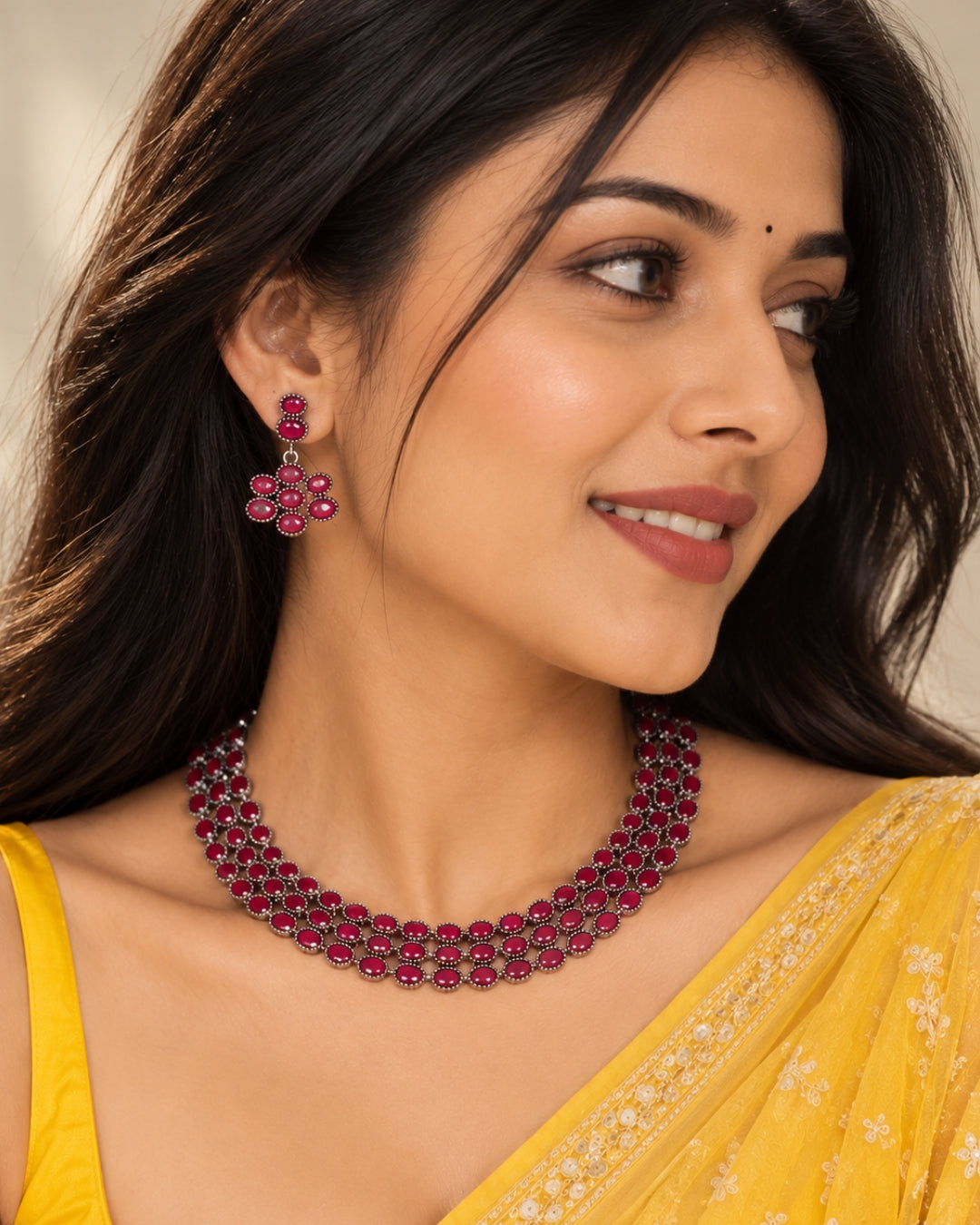 Laida Pink Silver-Plated Oxidized Handcrafted Layered Jewellery Set