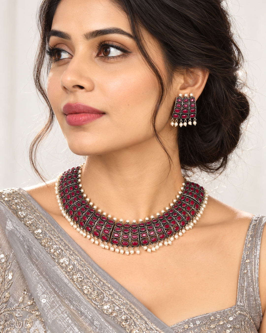 LAIDA Oxidized Silver-Plated Red & White Stone-Studded Jewellery Set