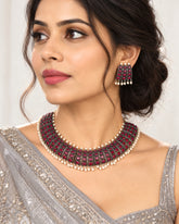LAIDA Oxidized Silver-Plated Red & White Stone-Studded Jewellery Set