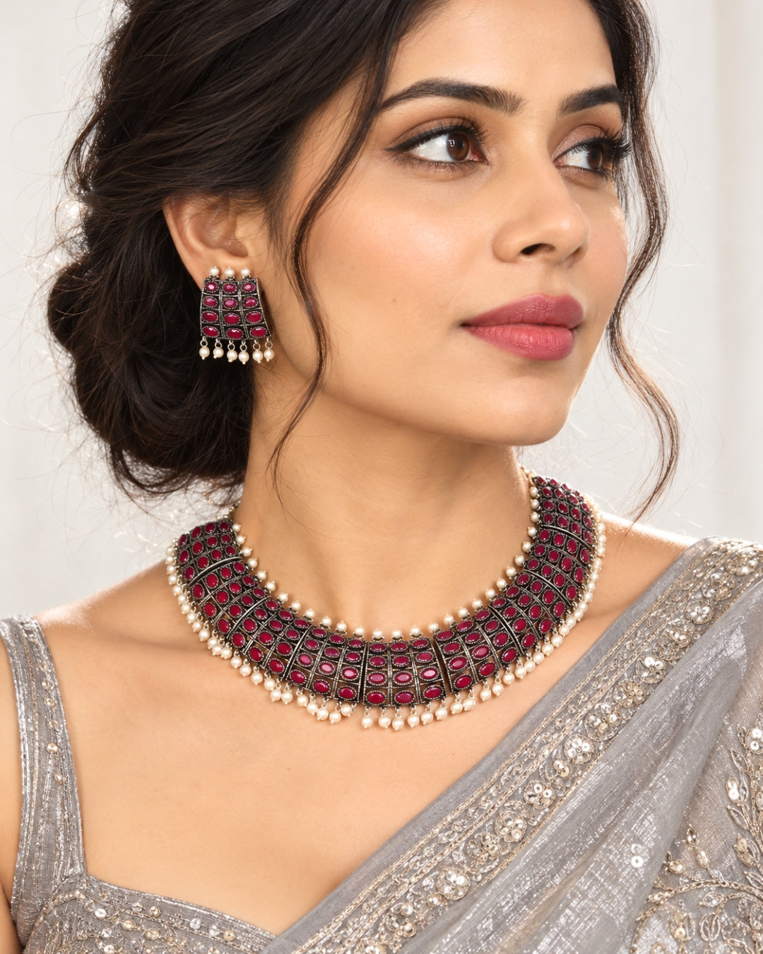 LAIDA Oxidized Silver-Plated Red & White Stone-Studded Jewellery Set