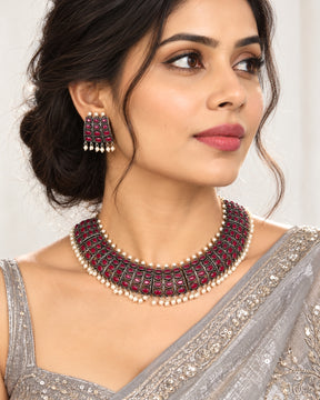 LAIDA Oxidized Silver-Plated Red & White Stone-Studded Jewellery Set