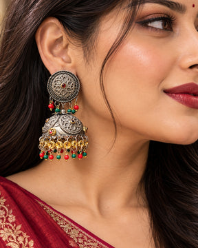Silver-Plated Oxidised Dome Shaped Jhumkas Earrings