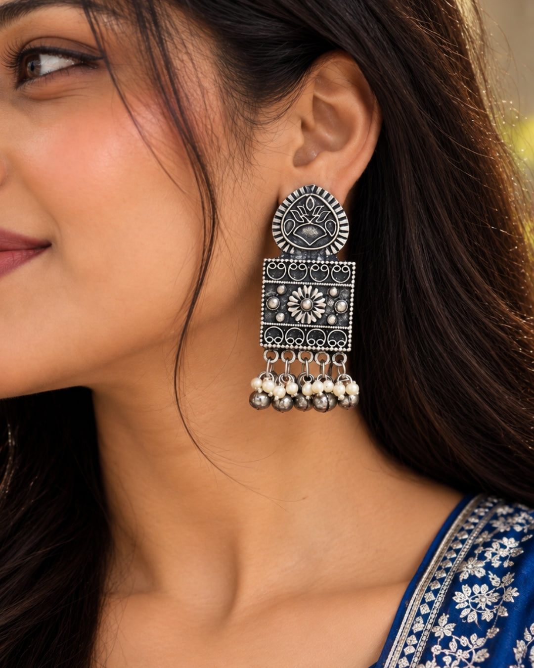 Silver-Toned Spherical Jhumkas Earrings