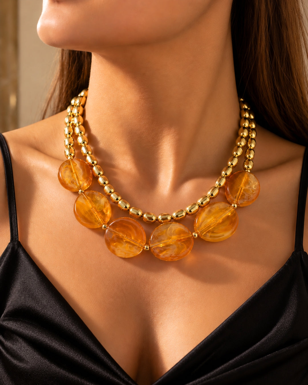 Resin Double Layer Brown Statement Necklace With Earrings